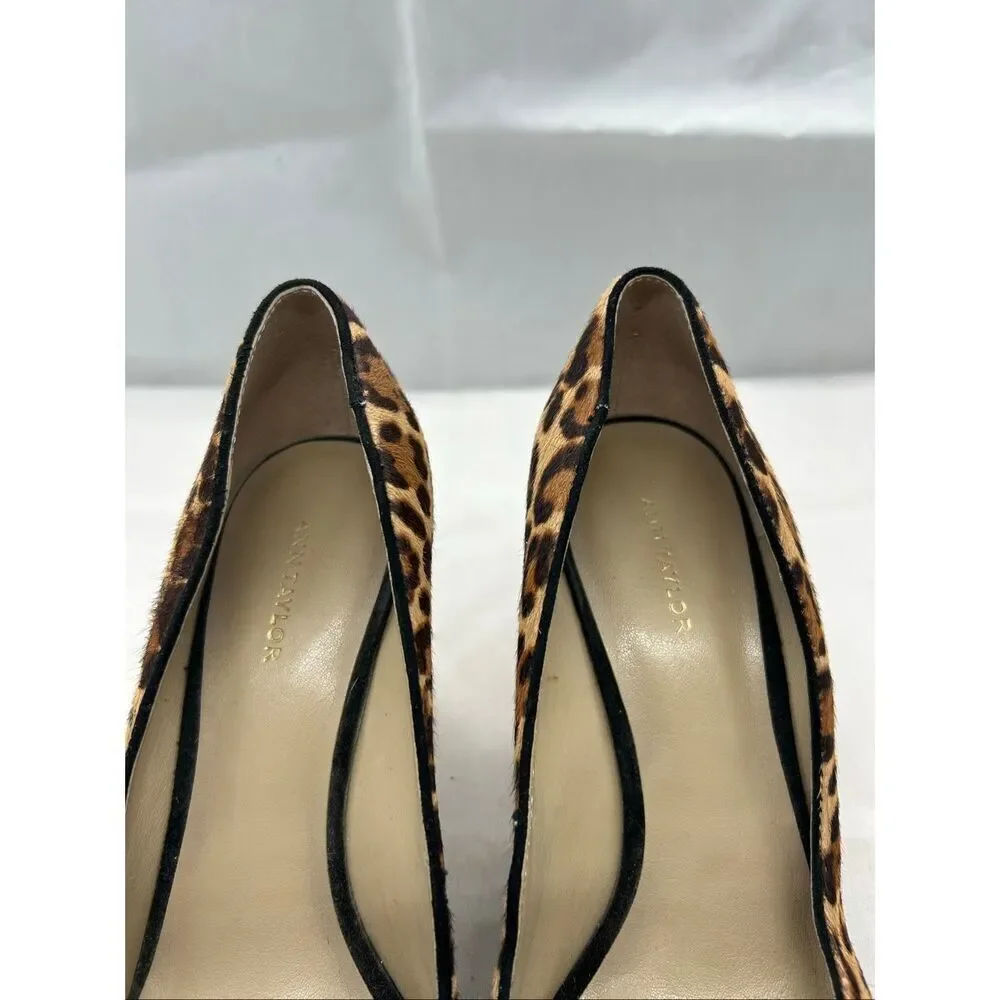Ann Taylor Leopard Print Wedge Pumps Calf hair Round Toe Heels 7.5